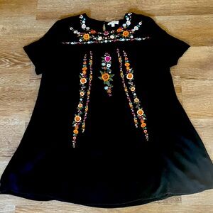 Umgee Black Tunic with Colorful Floral Embroidery